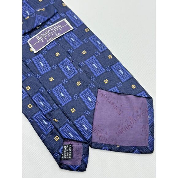 Roberto Villini Couture Silk Necktie Men Italian Blue Jacquard‎ Geo 3.5"Wx59"L - Picture 5 of 6